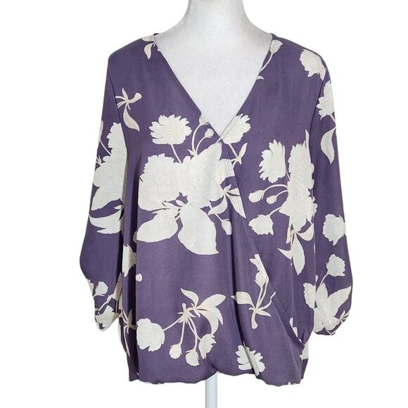 West Kei Purple Floral Blouse with Wrap Look and Roll-Tab Sleeves Size Small - Picture 1 of 10